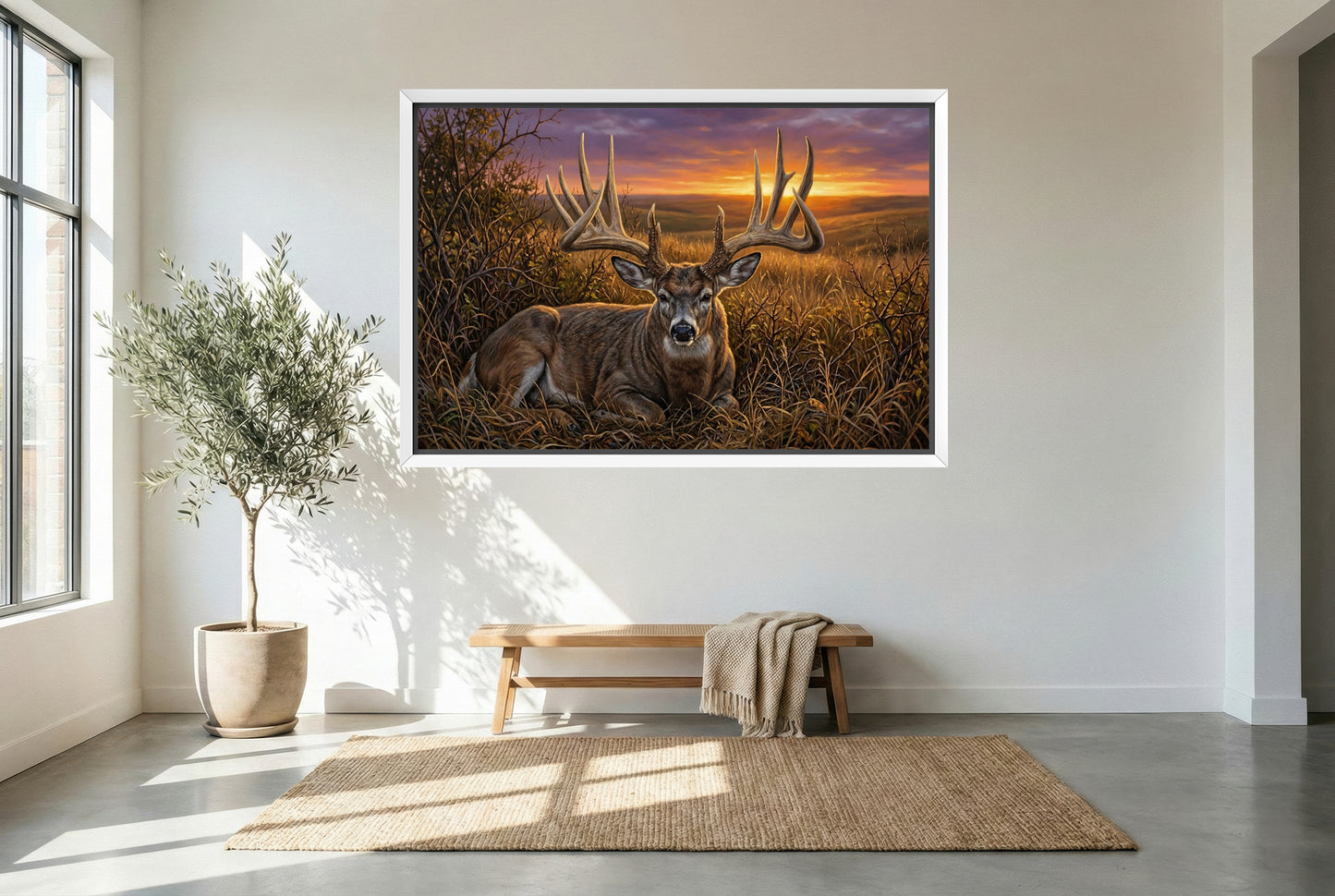 white floating framed canvas art of the famous general nebraska whitetail buck
