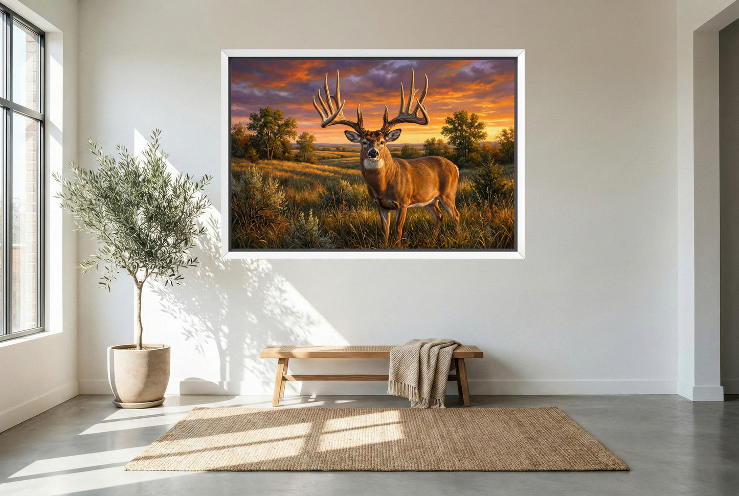 white floating framed canvas art of the famous recored book whitetail buck called the general from Nebraska