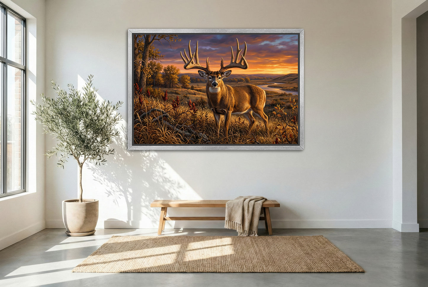 silver floating framed canvas big game artwork of the general legendary nebraska whitetail buck