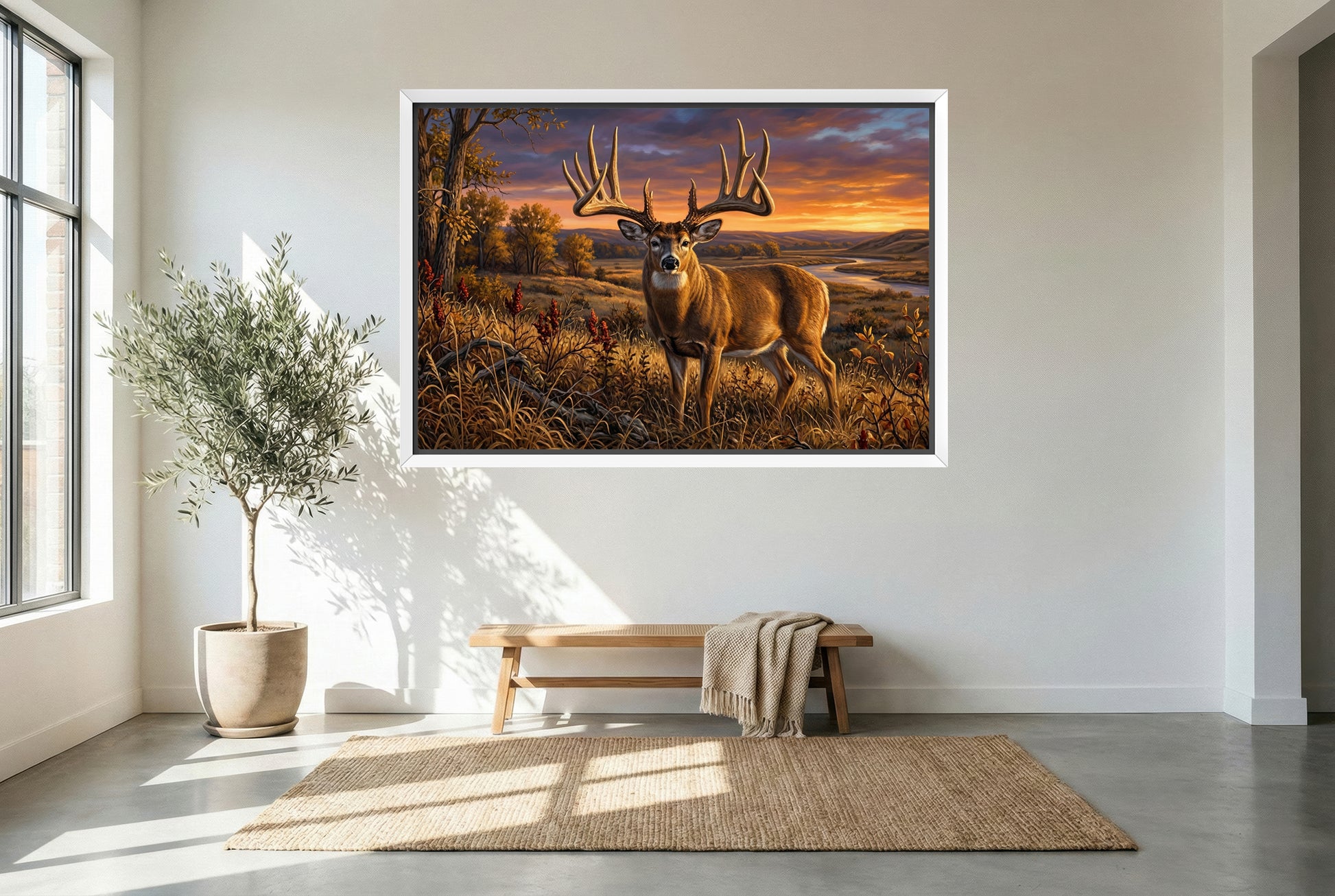 white floating framed canvas art of the general legendary nebraska whitetail buck