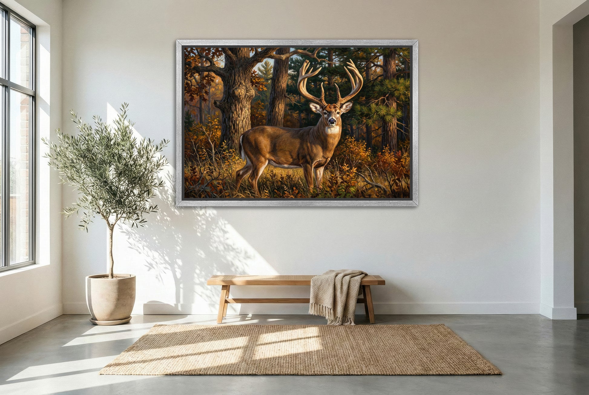 silver floating framed canvas big game artwork of the Jordan whitetail buck Wisconsin