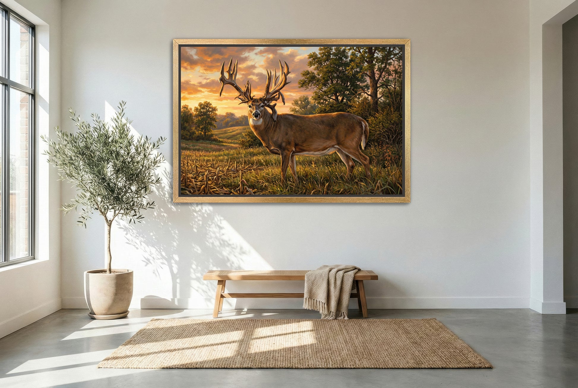 gold floating framed canvas trophy room art of the lovstuen whitetail buck or the albia buck iowa