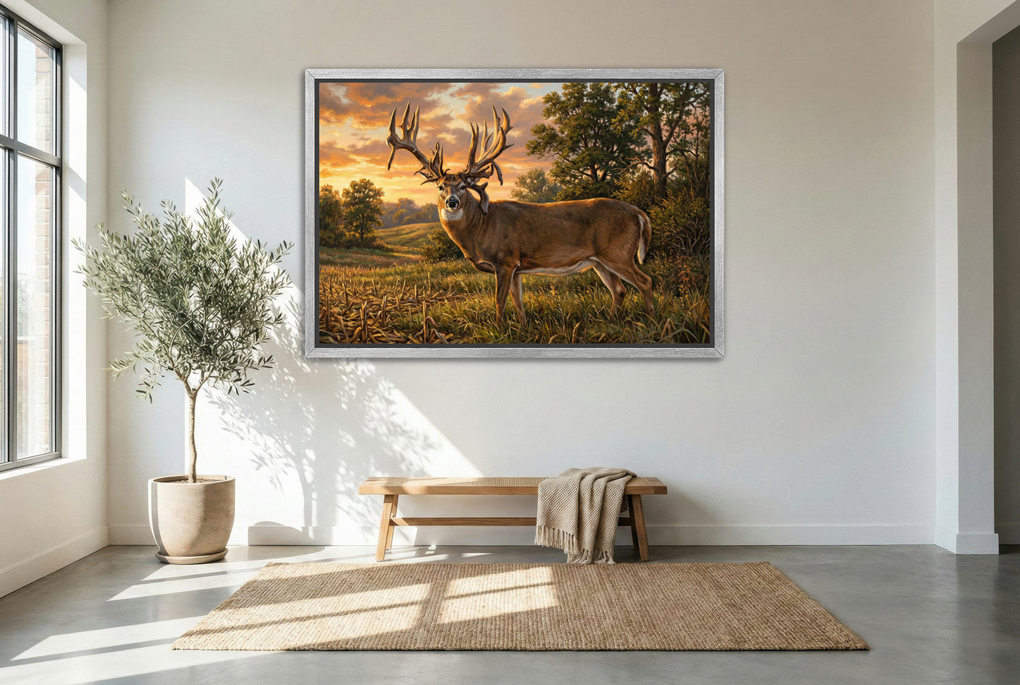 silver floating framed canvas big game artwork of the lovstuen whitetail buck or the albia buck iowa