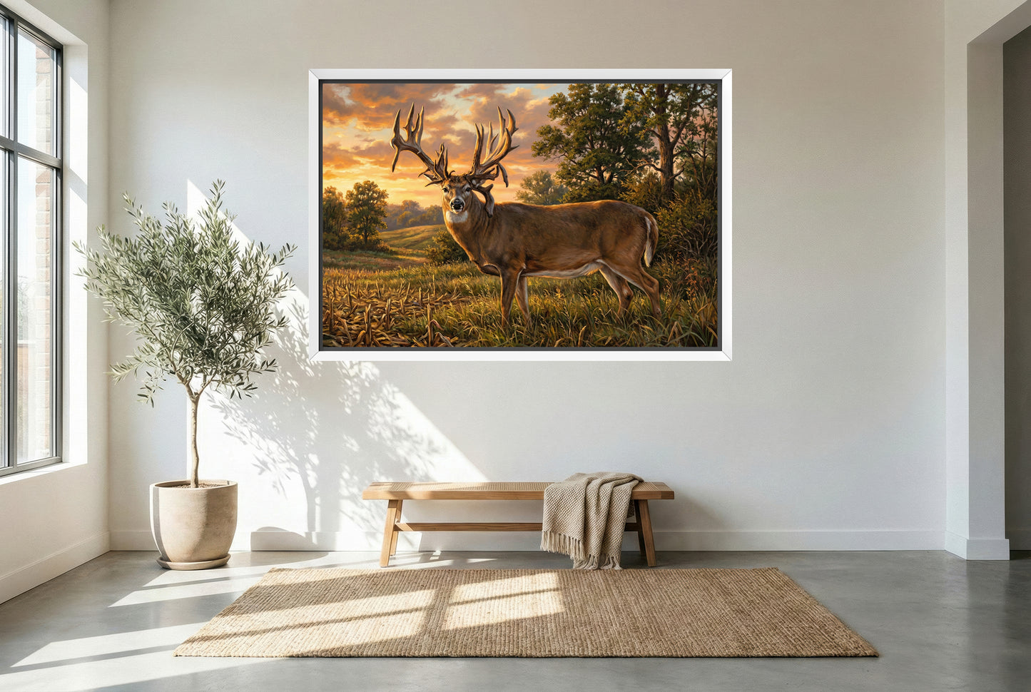 white floating framed canvas art of the lovstuen whitetail buck or the albia buck iowa
