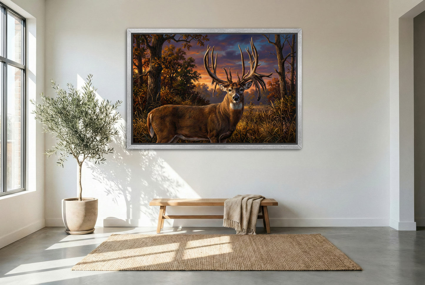 silver floating framed canvas big game artwork of the luke brewster whitetail buck illinois