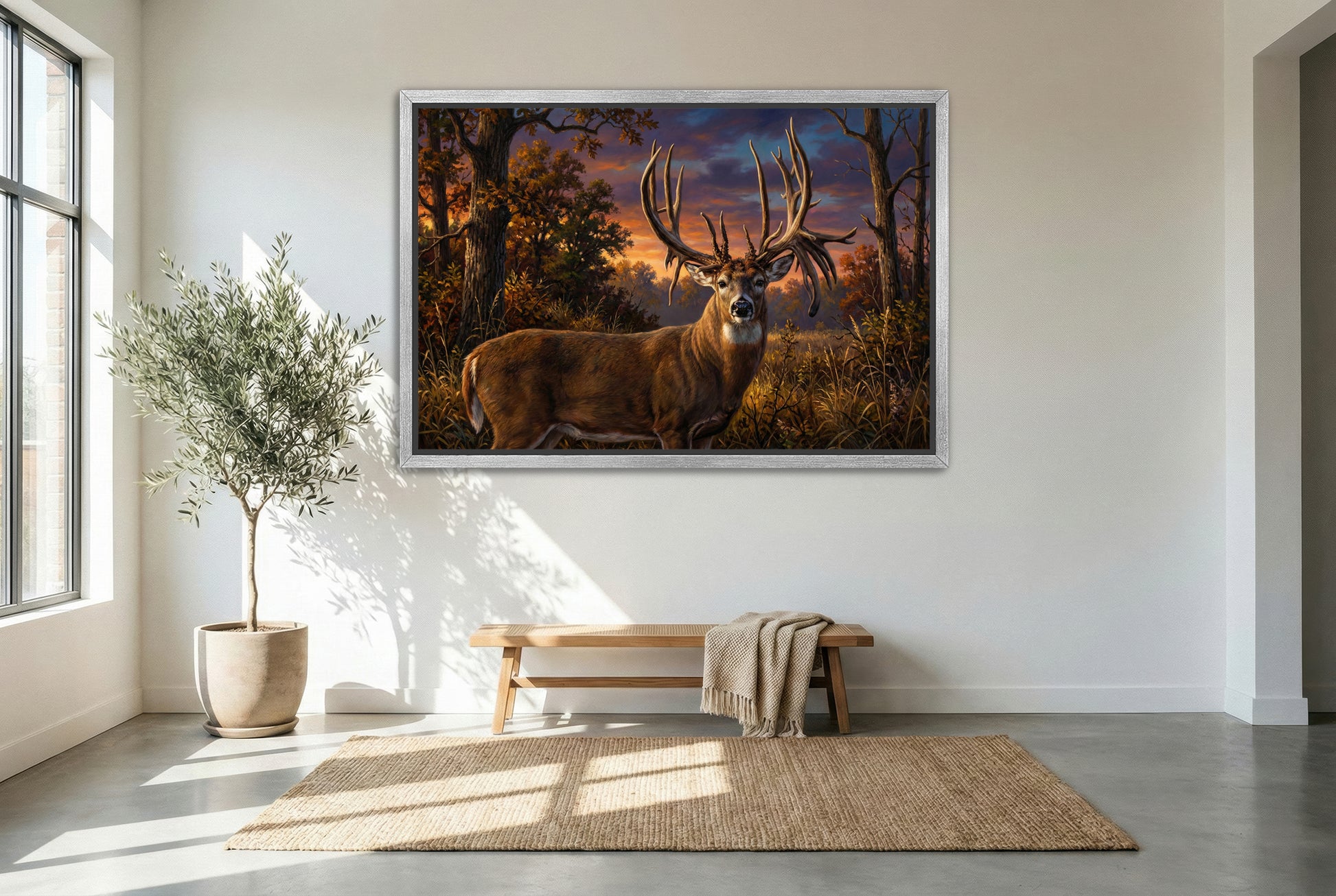 silver floating framed canvas big game artwork of the luke brewster whitetail buck illinois