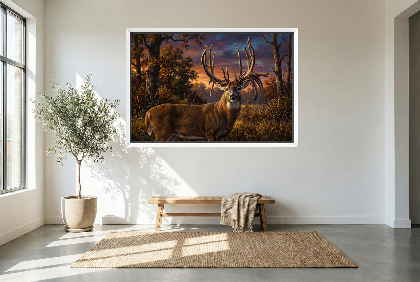 white floating framed canvas art of the luke brewster whitetail buck illinois
