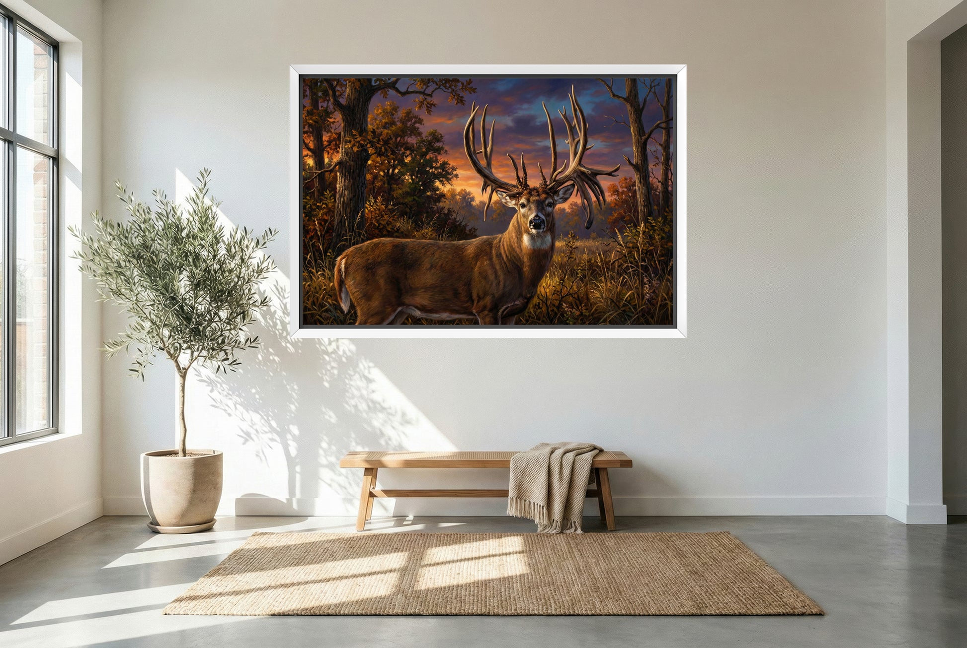 white floating framed canvas art of the luke brewster whitetail buck illinois