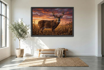 black floating framed canvas print featuring an up close whitetail buck in cut cornfields at sunset