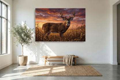 gallery wrapped canvas wildlife wall art of an up close whitetail buck in cut cornfields at sunset