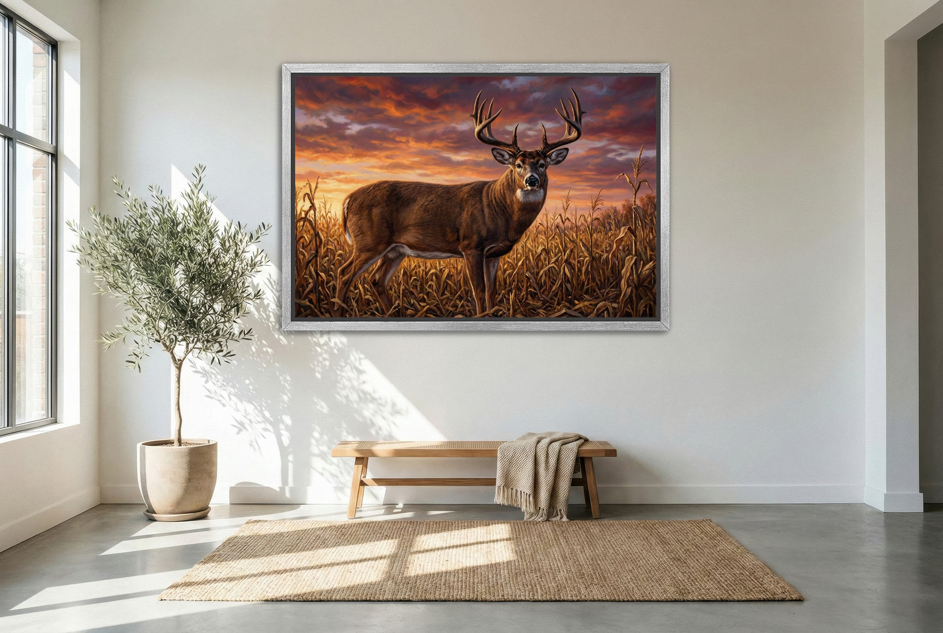 silver floating framed canvas big game artwork of an up close whitetail buck in cut cornfields at sunset