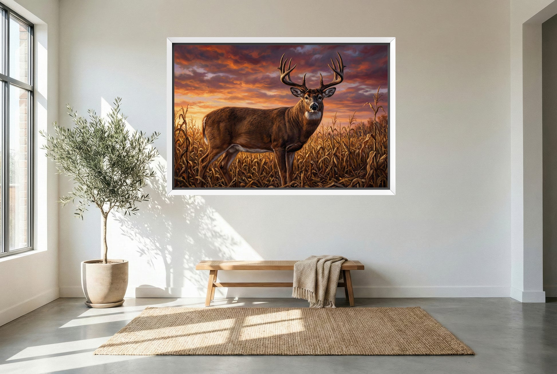 white floating framed canvas art of an up close whitetail buck in cut cornfields at sunset