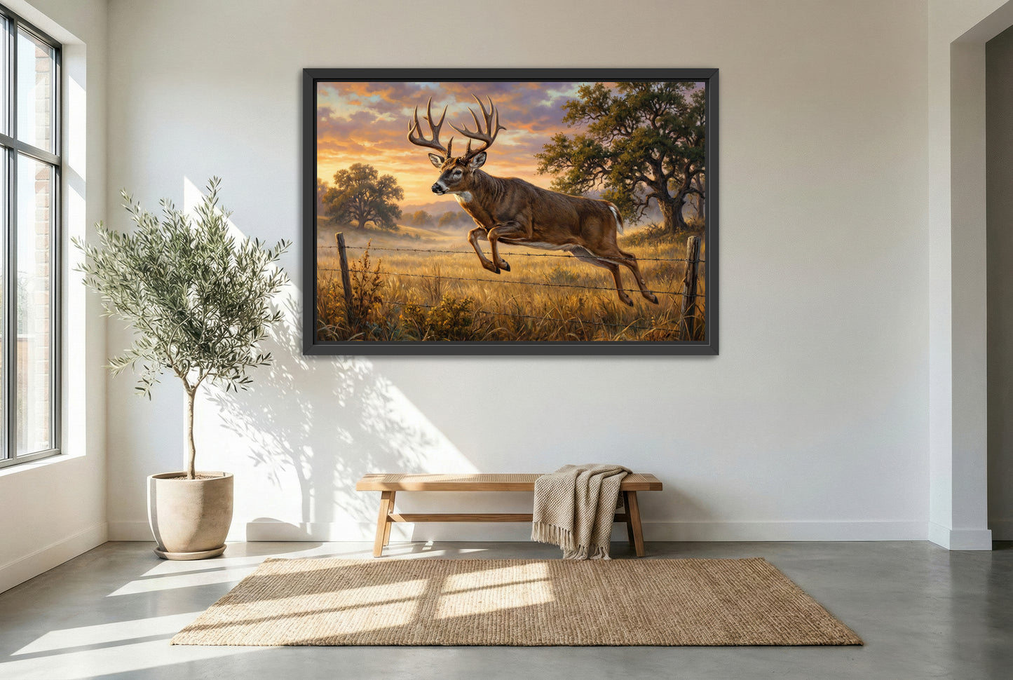 black floating framed canvas print featuring a whitetail buck fence jumper at sunrise