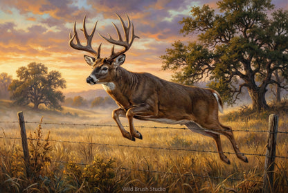 whitetail buck fence jumper at sunrise oil painting paper art print