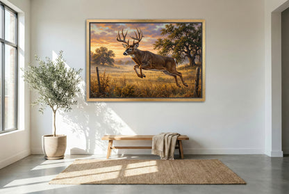 gold floating framed canvas trophy room art of a whitetail buck fence jumper at sunrise