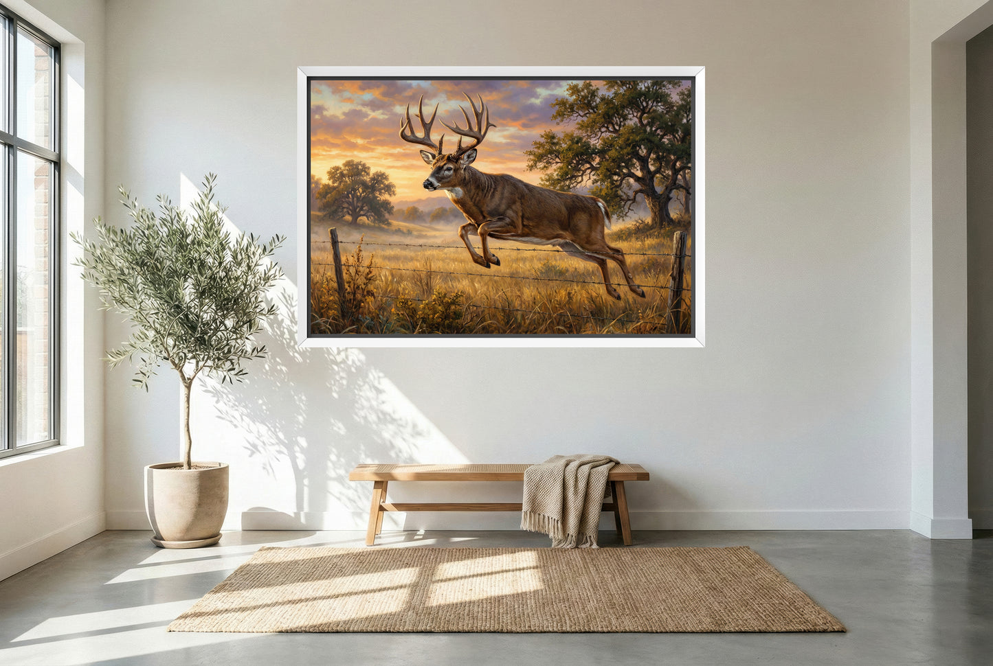 white floating framed canvas art of a whitetail buck fence jumper at sunrise