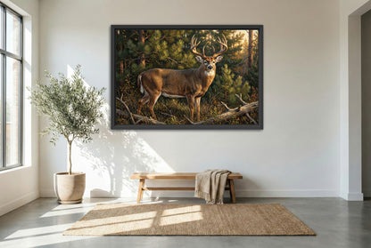 black floating framed canvas print featuring a whitetail buck golden hour light in the thick pines