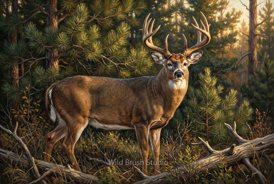 whitetail buck golden hour light in the thick pines oil painting paper art print