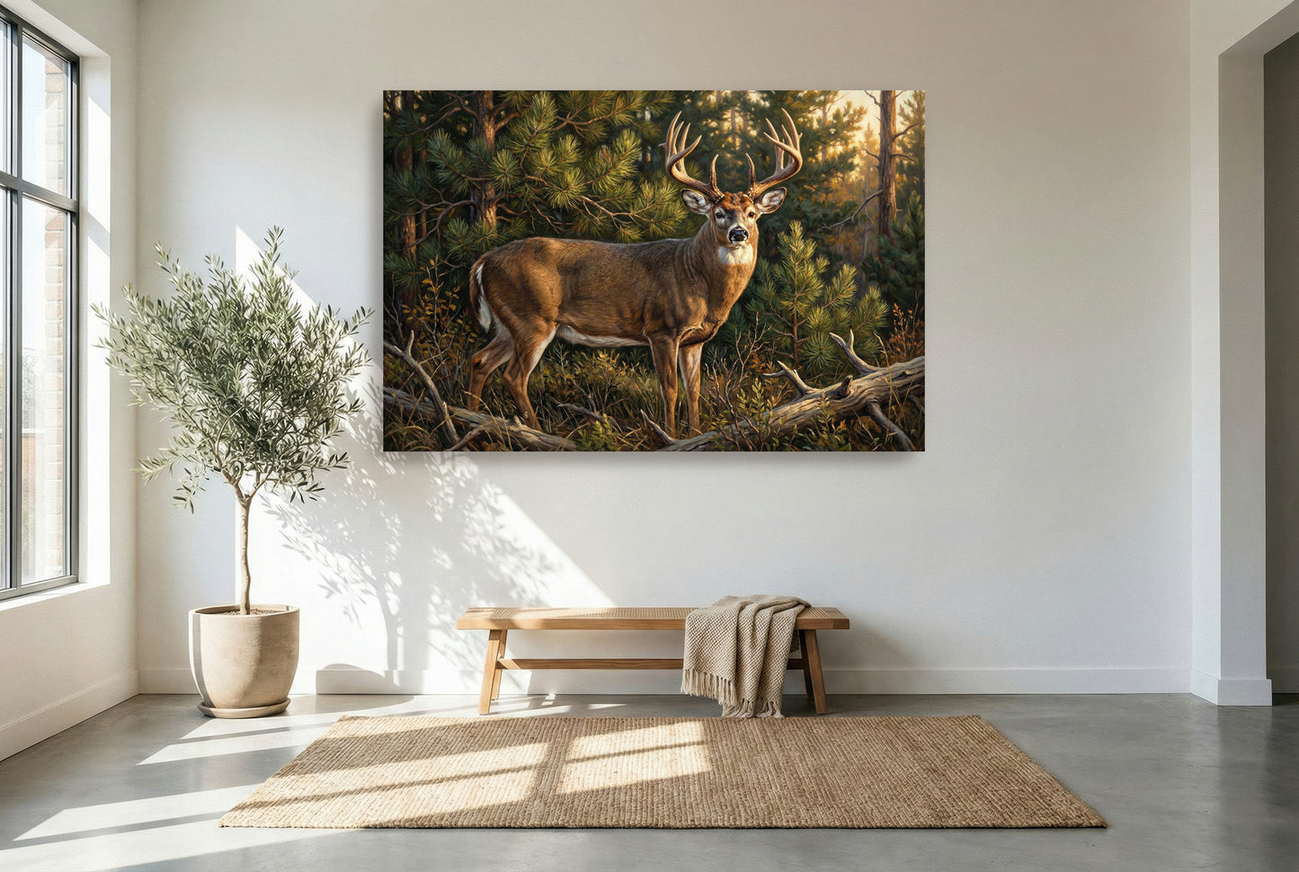 gallery wrapped canvas wildlife wall art of a whitetail buck golden hour light in the thick pines