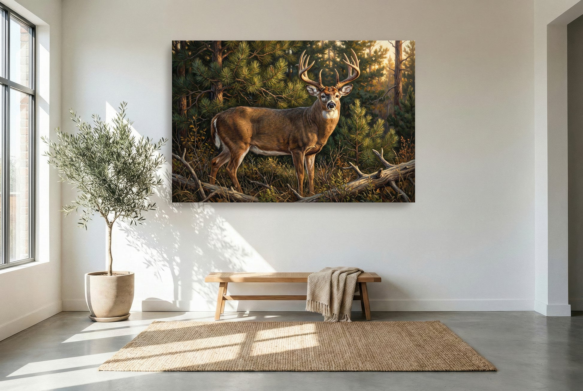 gallery wrapped canvas wildlife wall art of a whitetail buck golden hour light in the thick pines