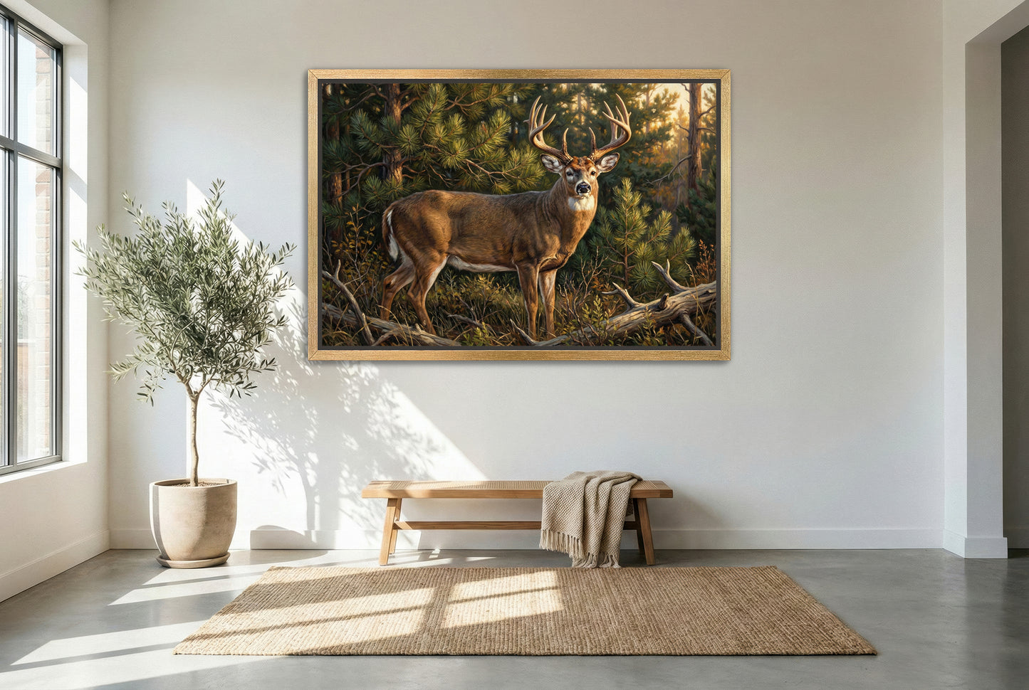 gold floating framed canvas trophy room art of a whitetail buck golden hour light in the thick pines
