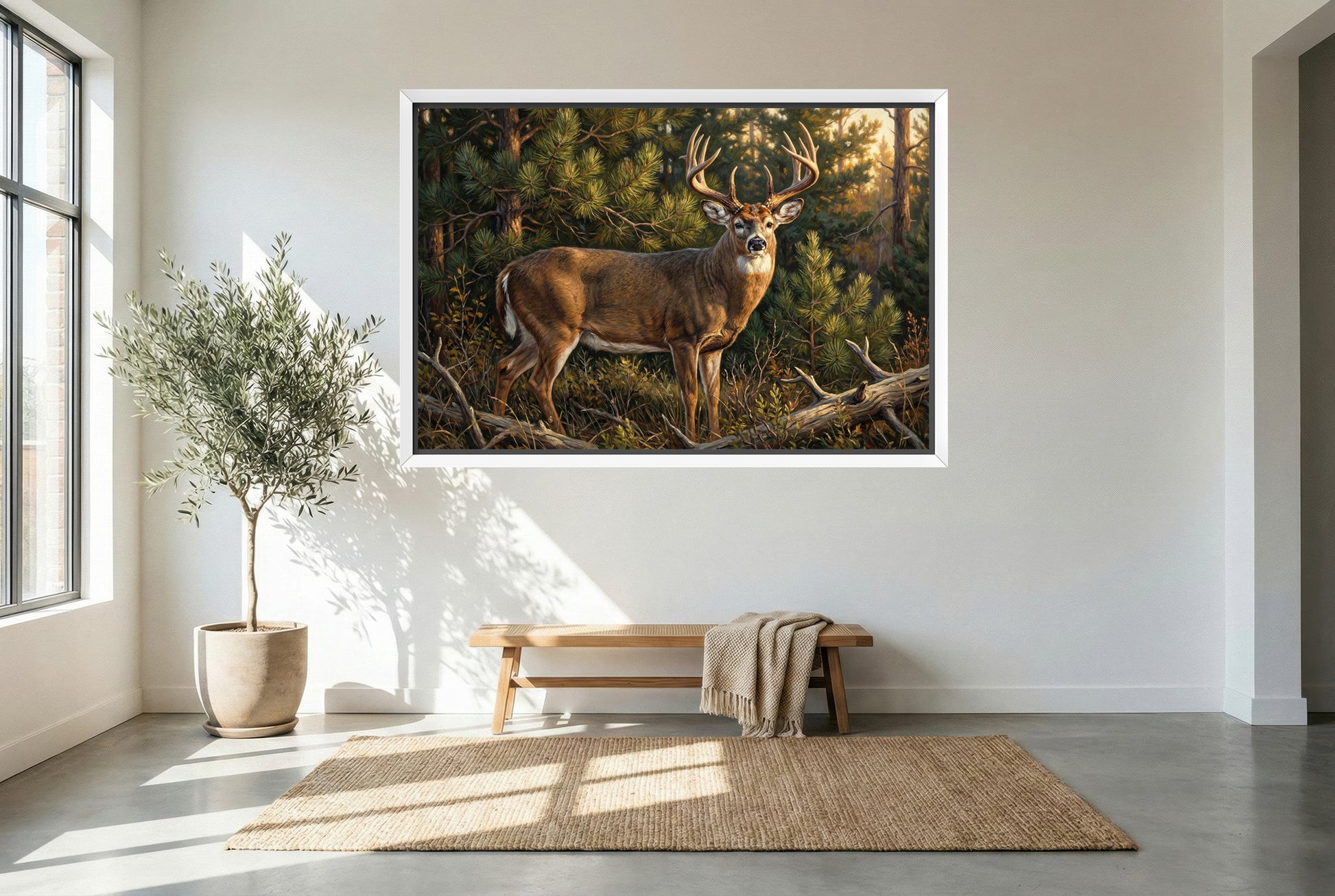 white floating framed canvas art of a whitetail buck golden hour light in the thick pines