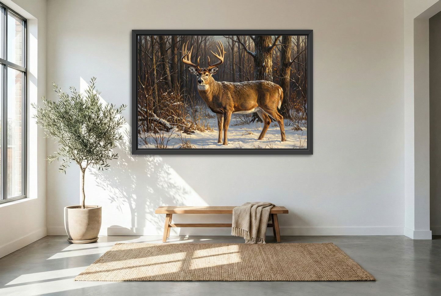 black floating framed canvas print featuring an whitetail buck light snowfall during the late season