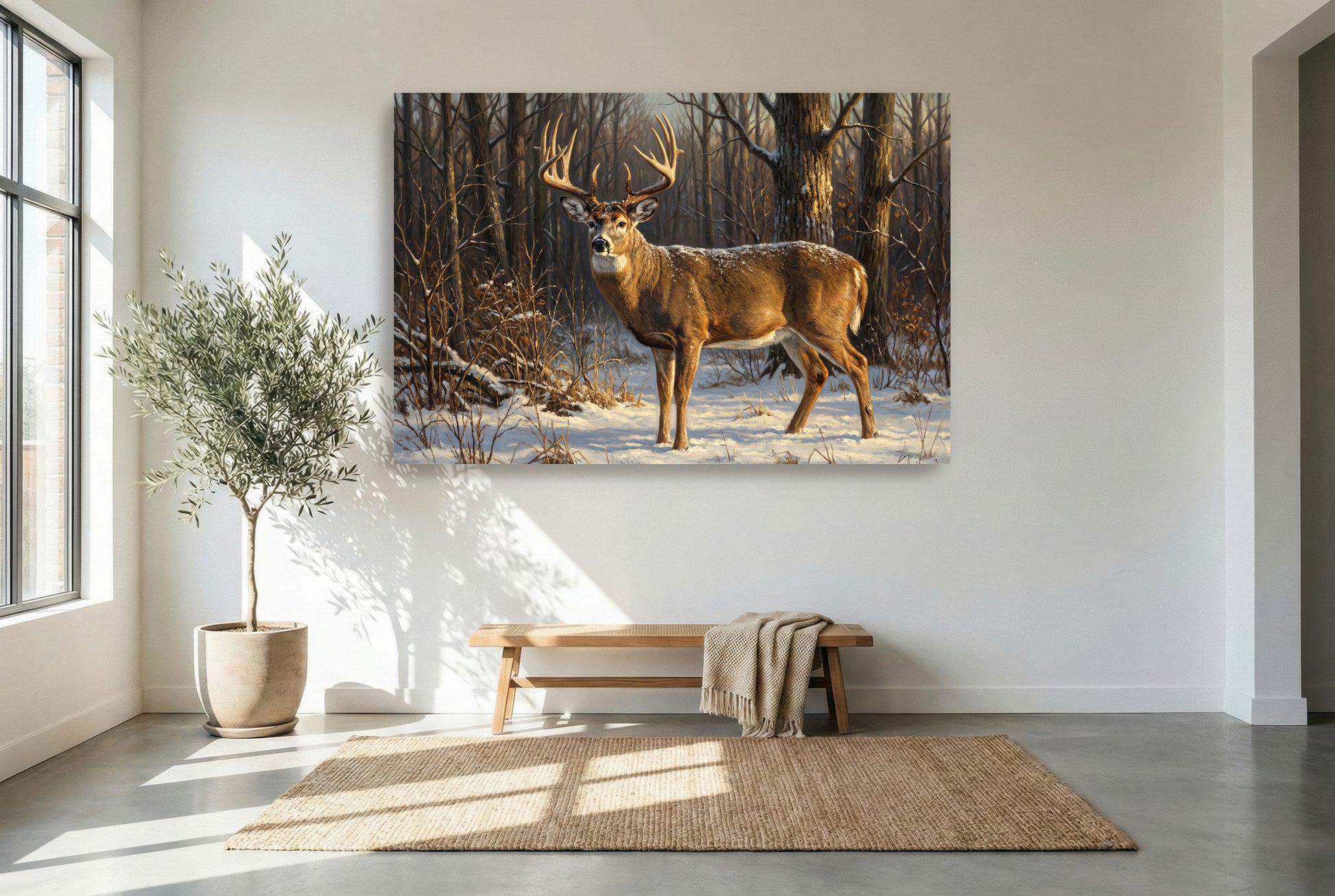 gallery wrapped canvas wildlife wall art of an whitetail buck light snowfall during the late season