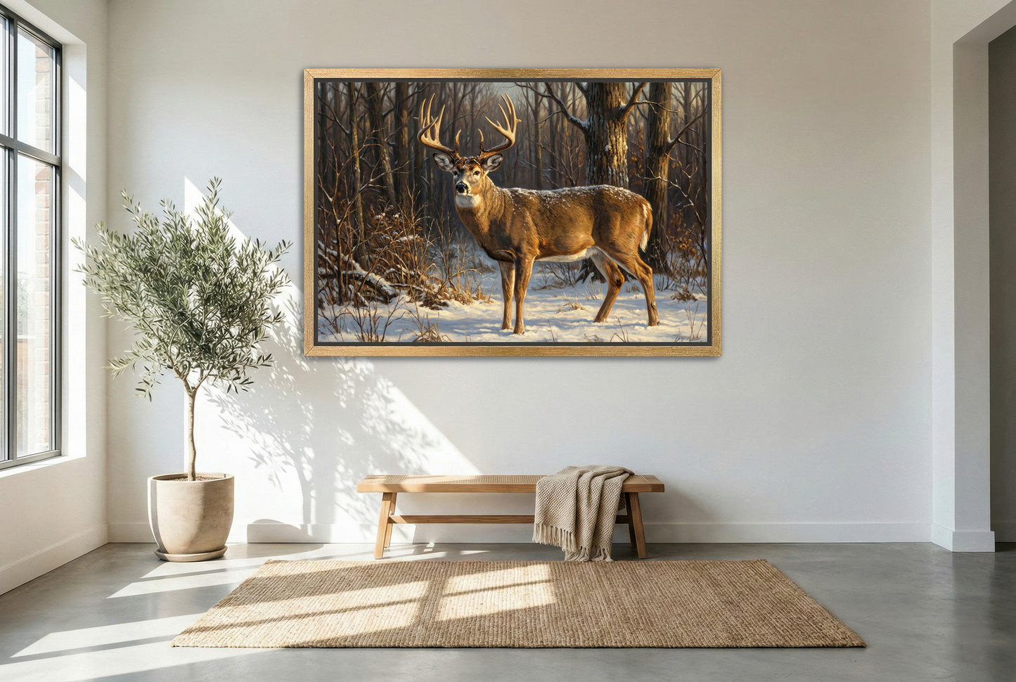 gold floating framed canvas trophy room art of an whitetail buck light snowfall during the late season