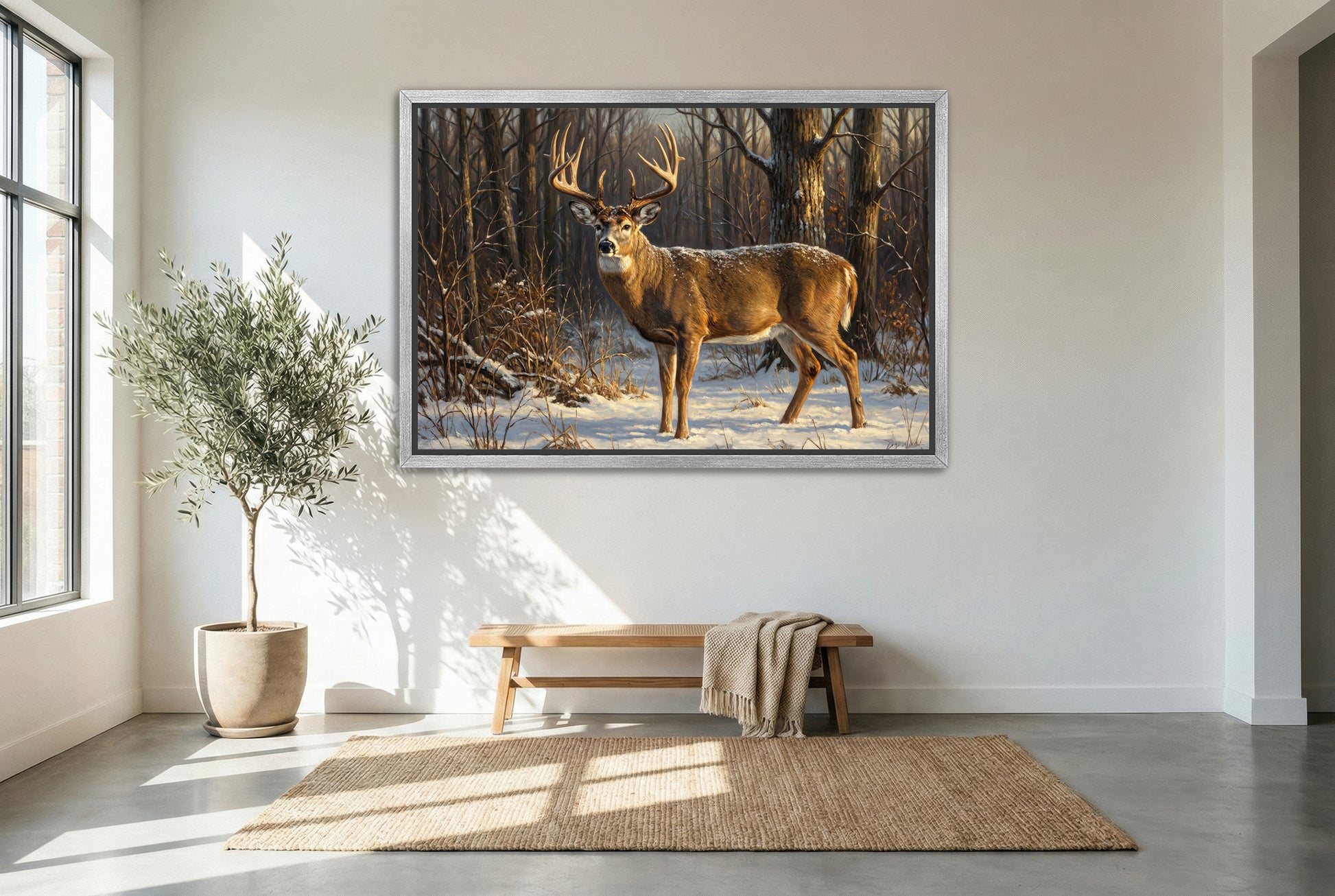 silver floating framed canvas big game artwork of an whitetail buck light snowfall during the late season