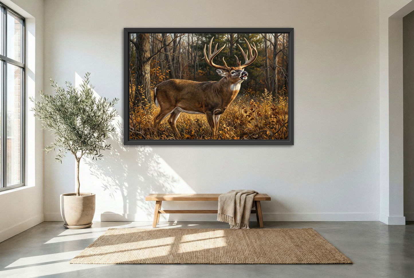 black floating framed canvas print featuring a whitetail buck lip curl checking for scent