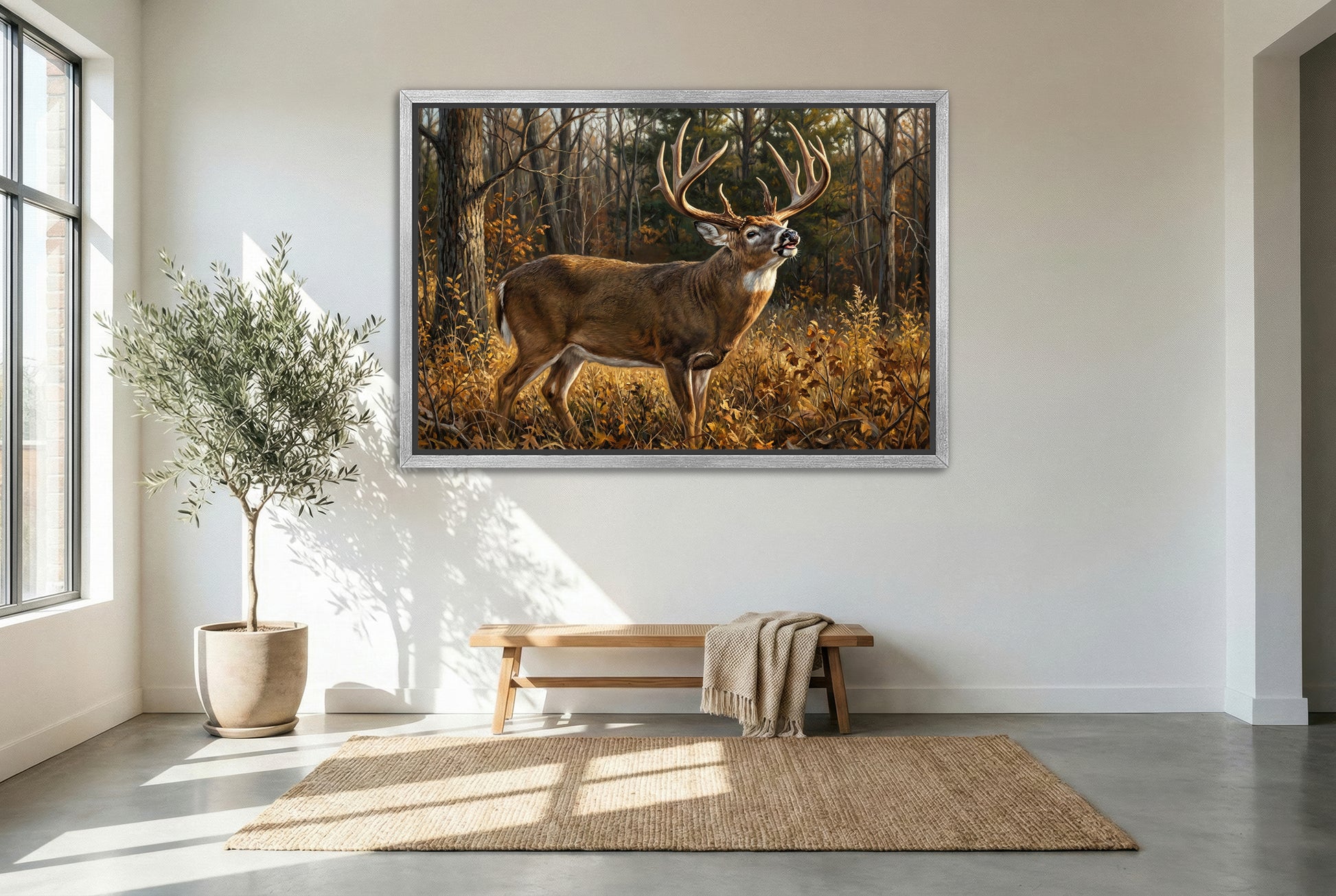 silver floating framed canvas big game artwork of a whitetail buck lip curl checking for scent