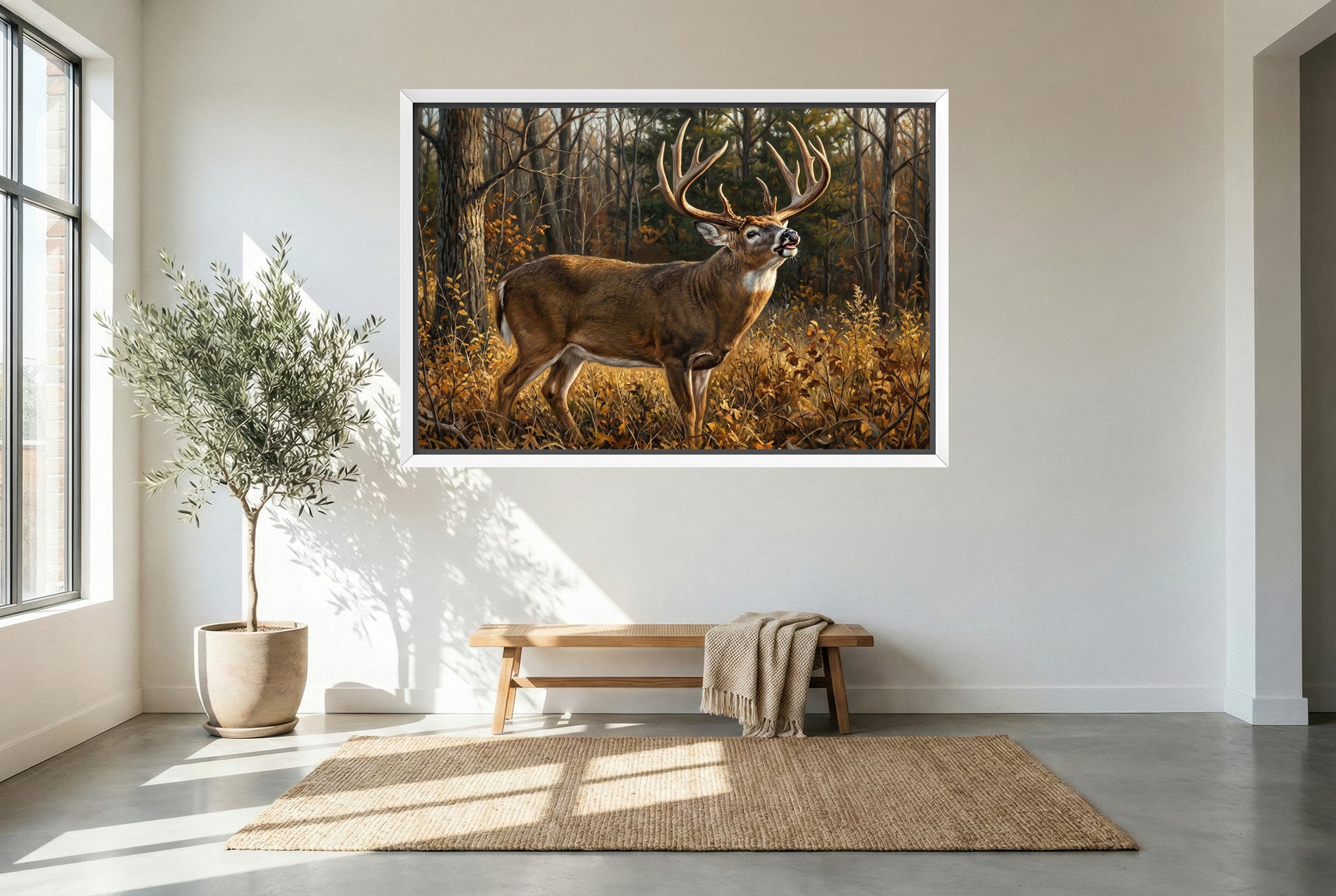 white floating framed canvas art of a whitetail buck lip curl checking for scent