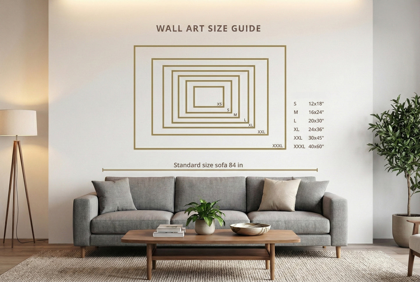 Visual size guide for canvas prints from 12x18 up to 40x60 shown above standard 84 inch sofa