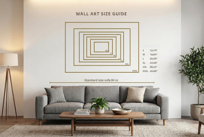 Visual size guide for canvas prints from 12x18 up to 40x60 shown above standard 84 inch sofa