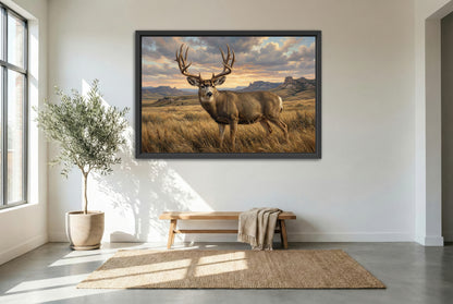 black floating framed canvas print featuring a wind swept lowland prairie mule deer buck foothills