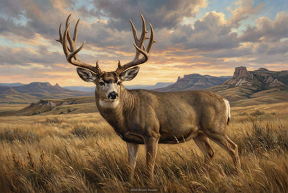 wind swept lowland prairie mule deer buck oil painting paper art print