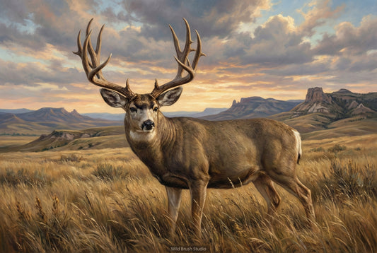 wind swept lowland prairie mule deer buck oil painting paper art print