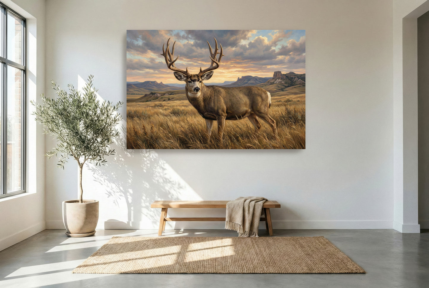 gallery wrapped canvas wildlife wall art of a wind swept lowland prairie mule deer buck