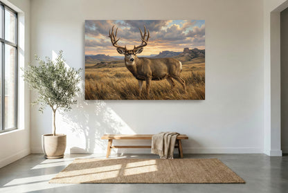 gallery wrapped canvas wildlife wall art of a wind swept lowland prairie mule deer buck