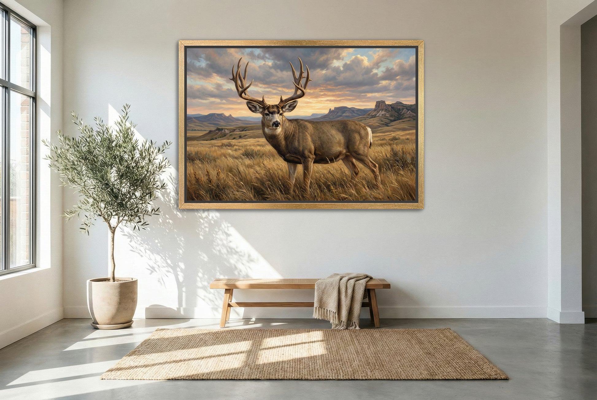 gold floating framed canvas trophy room art of a wind swept lowland prairie mule deer buck