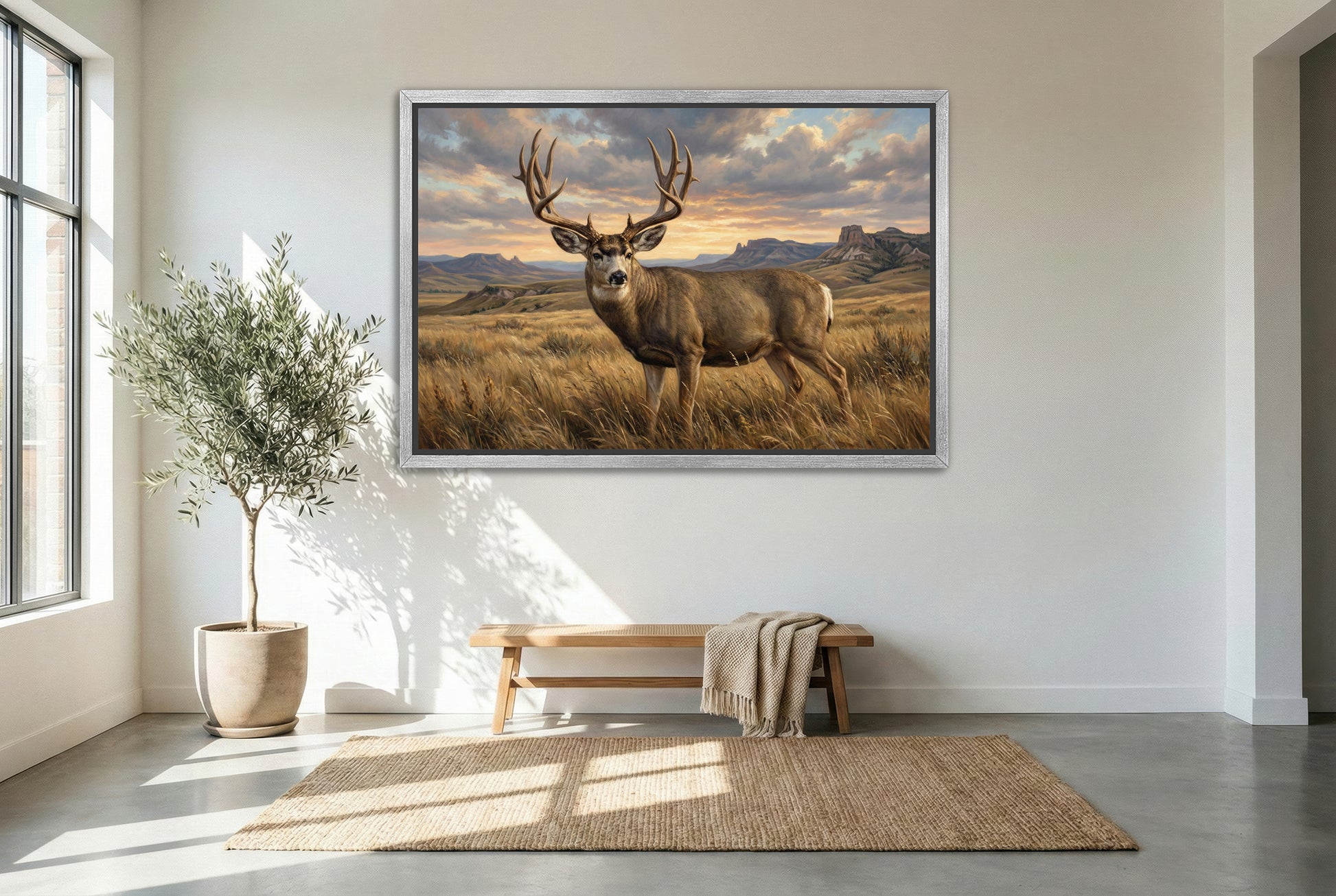 silver floating framed canvas big game artwork of a wind swept lowland prairie mule deer buck