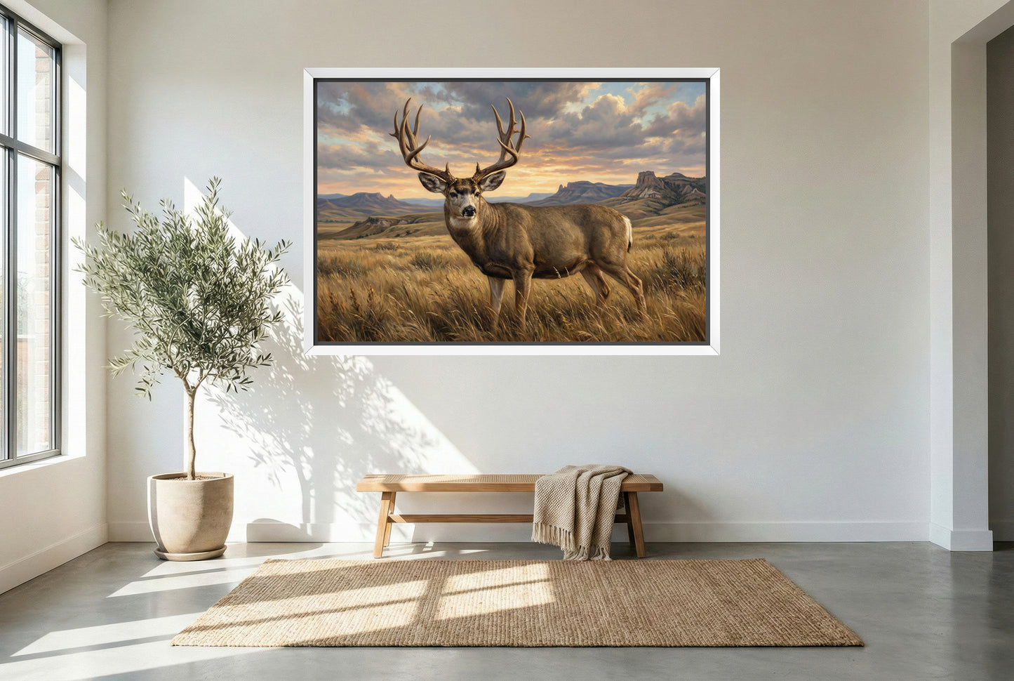 white floating framed canvas art of a wind swept lowland prairie mule deer buck