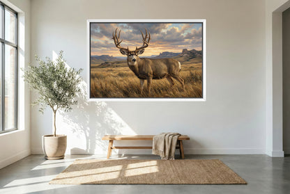 white floating framed canvas art of a wind swept lowland prairie mule deer buck