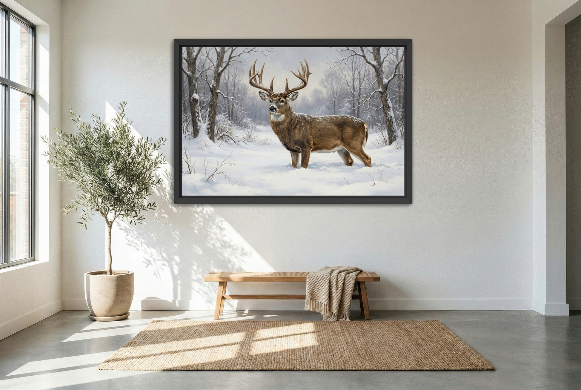 black floating framed canvas print featuring a winter yard whitetail buck in the deep snow of winter