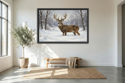 black floating framed canvas print featuring a winter yard whitetail buck in the deep snow of winter