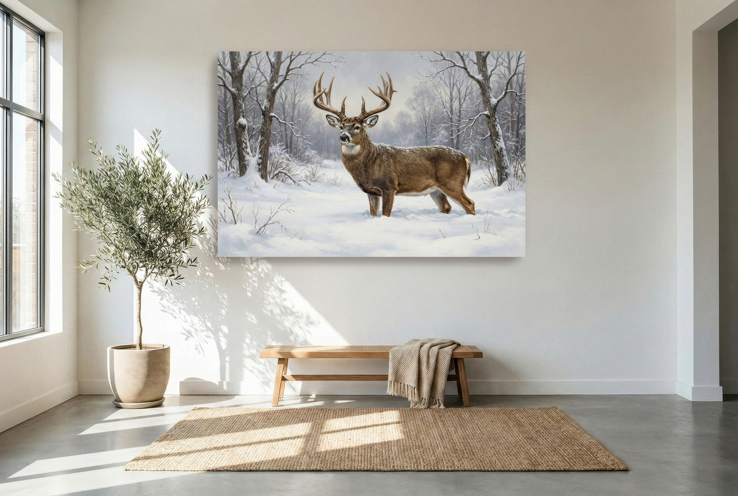 gallery wrapped canvas wildlife wall art of a winter yard whitetail buck in the deep snow of winter
