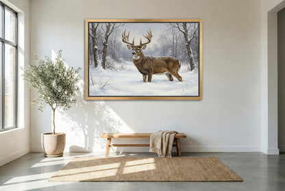 gold floating framed canvas trophy room art of a winter yard whitetail buck in the deep snow of winter