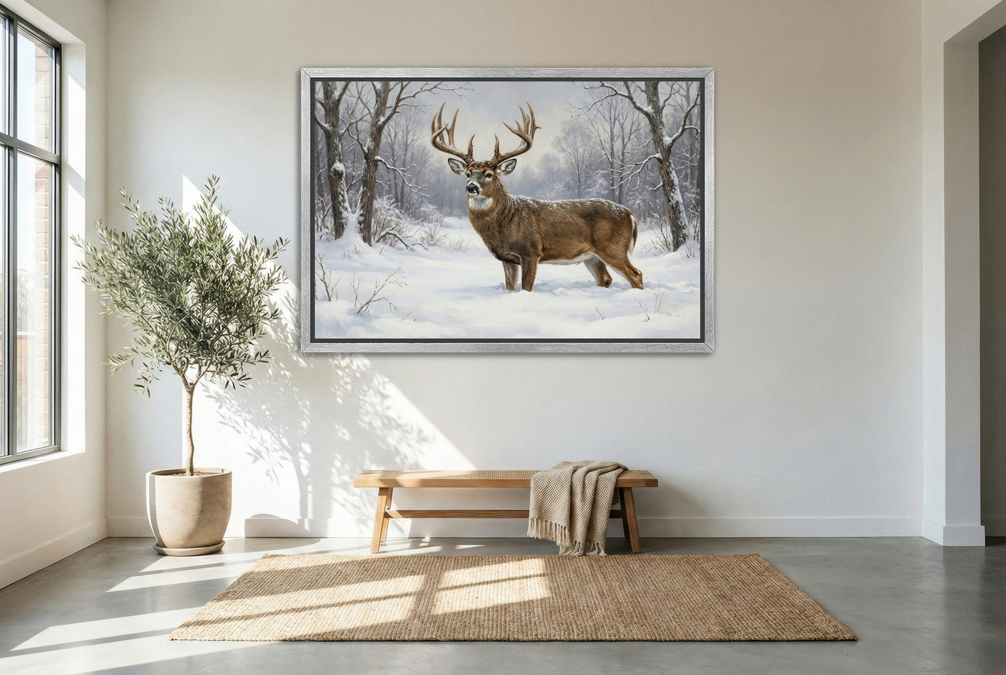 silver floating framed canvas big game artwork of a winter yard whitetail buck in the deep snow of winter