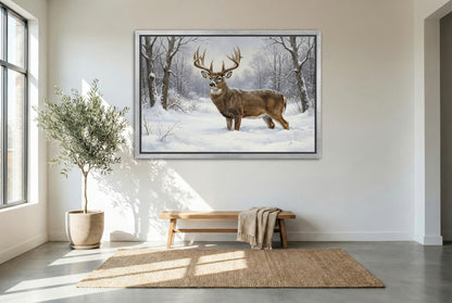 silver floating framed canvas big game artwork of a winter yard whitetail buck in the deep snow of winter